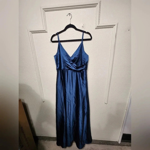 Lulus Shades of Love Teal Blue Satin Faux-Wrap Maxi Dress Wedding Party Prom - Picture 6 of 12